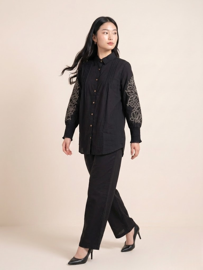 Graceful Linen Ensemble with Intricate Hand Embroidery