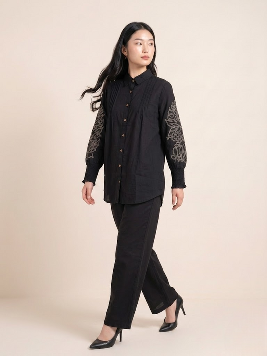 Graceful Linen Ensemble with Intricate Hand Embroidery