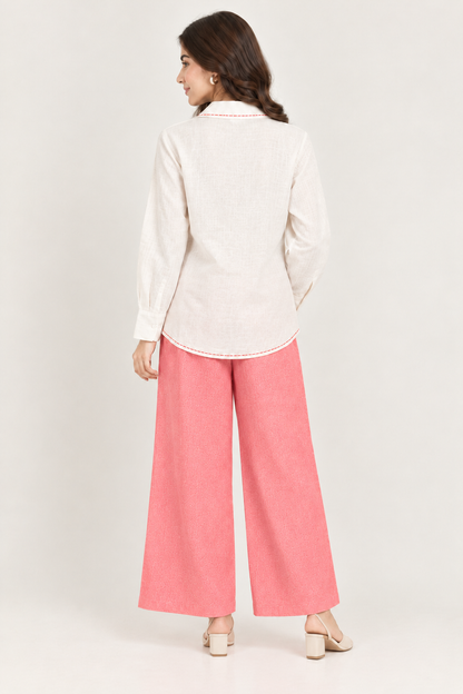 Off White Flower Thread Work Shimmer Cotton Co-ord Set