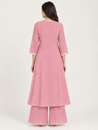 Muted Pink Shimmer Embroidered Kurta Set
