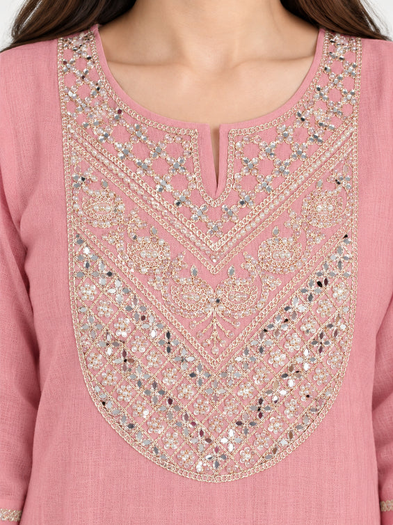 Muted Pink Shimmer Embroidered Kurta Set
