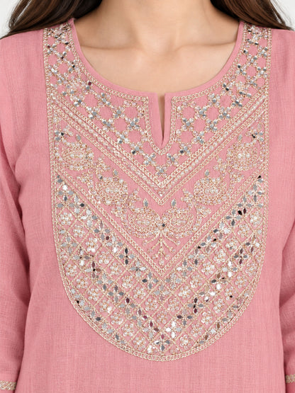 Muted Pink Shimmer Embroidered Kurta Set