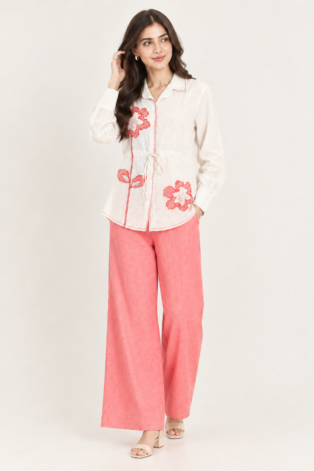 Off White Flower Thread Work Shimmer Cotton Co-ord Set