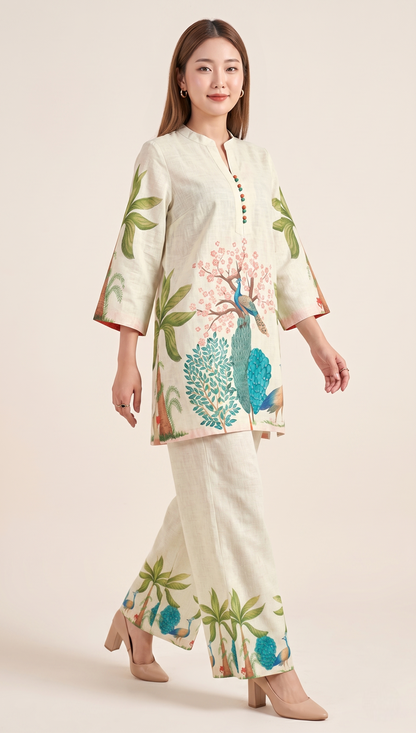 Natural Linen Hand-Painted Peacock Co-ord Set