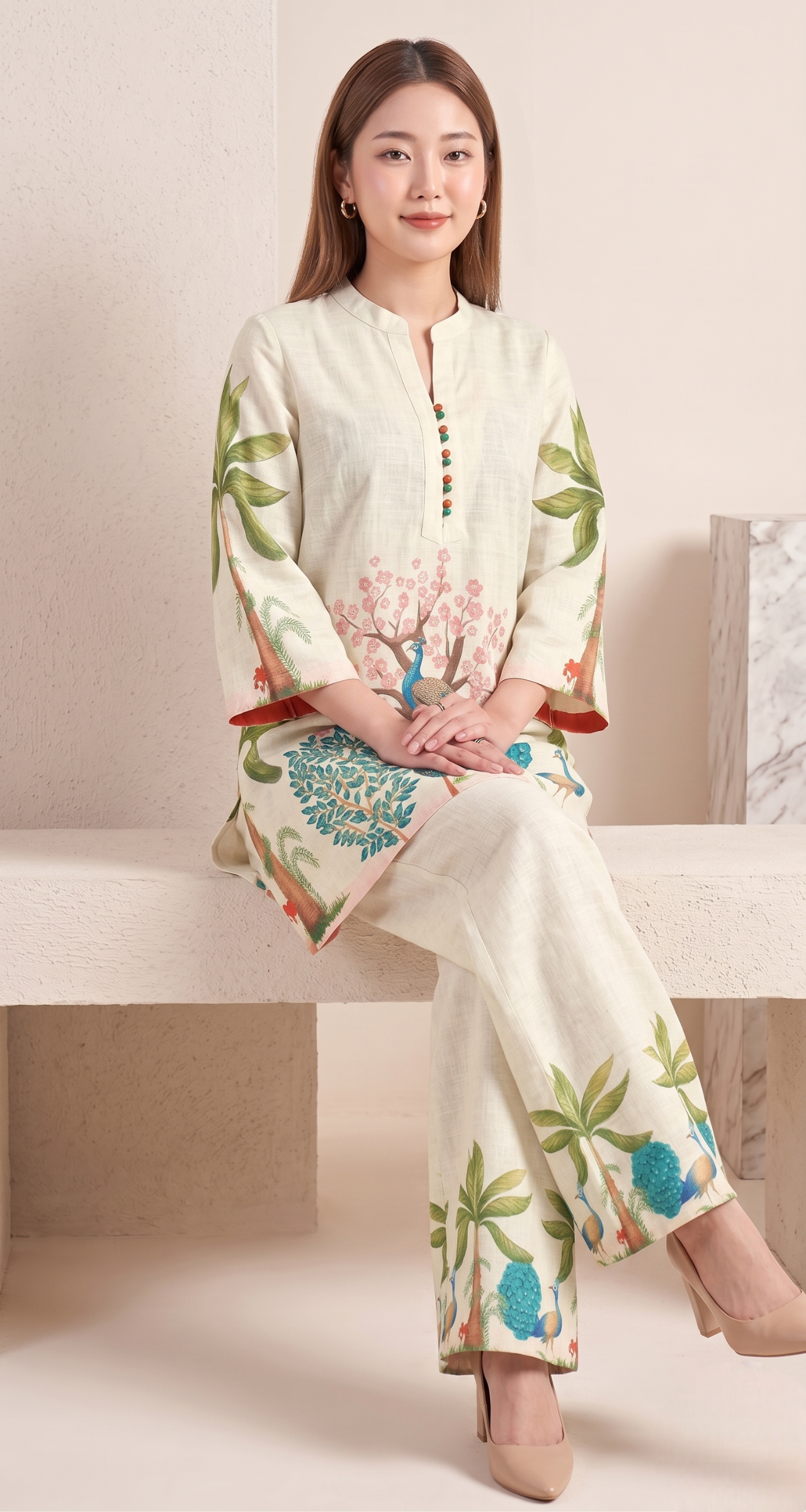 Natural Linen Hand-Painted Peacock Co-ord Set