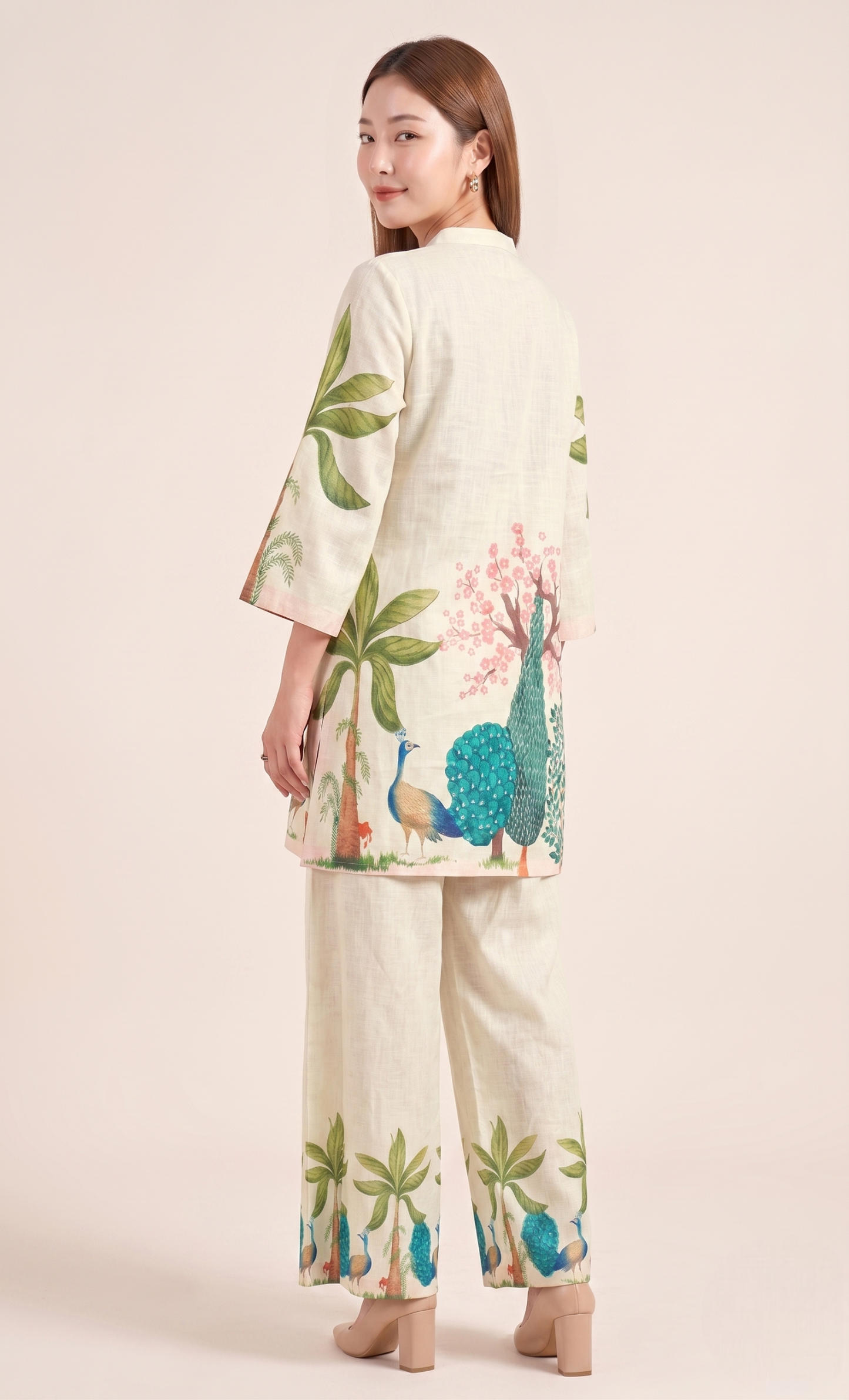 Natural Linen Hand-Painted Peacock Co-ord Set