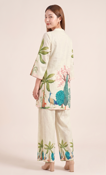 Natural Linen Hand-Painted Peacock Co-ord Set