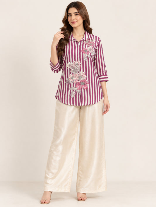 Purple Stripes Thread Work Shimmer Co-ord Set