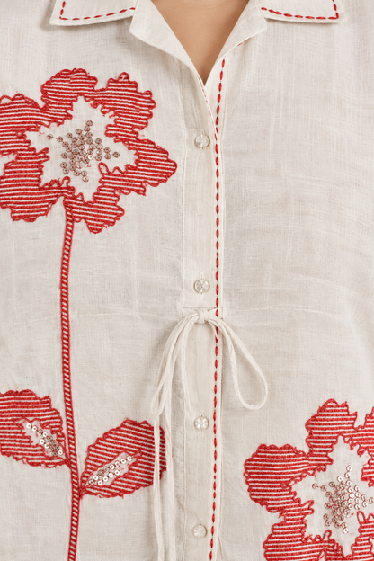Off White Flower Thread Work Shimmer Cotton Co-ord Set