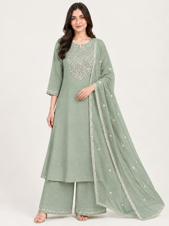 Muted Sage Shimmer Embroidered Kurta Set