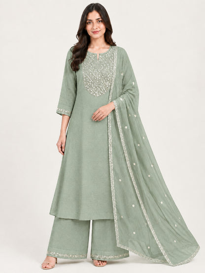 Muted Sage Shimmer Embroidered Kurta Set