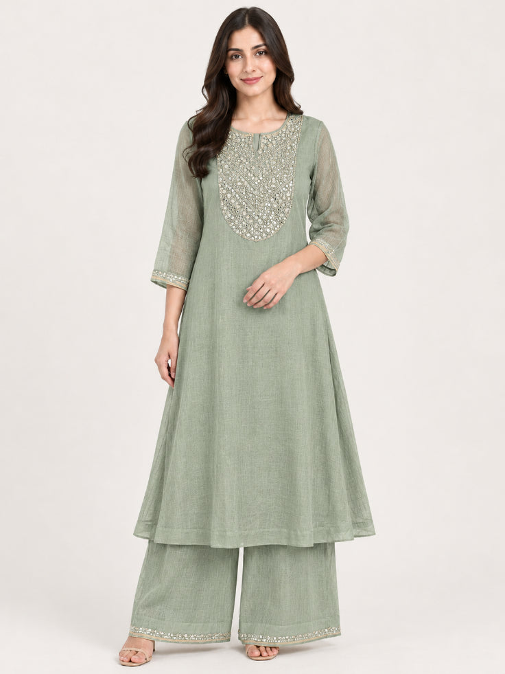 Muted Sage Shimmer Embroidered Kurta Set