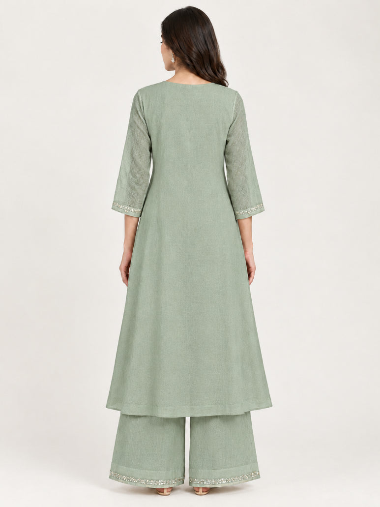 Muted Sage Shimmer Embroidered Kurta Set