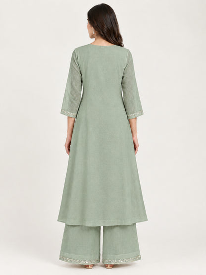 Muted Sage Shimmer Embroidered Kurta Set