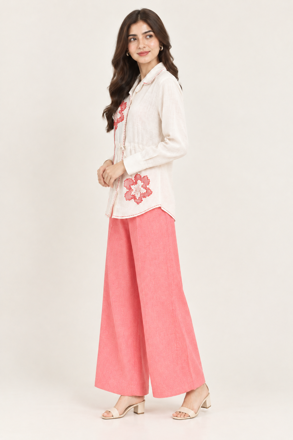 Off White Flower Thread Work Shimmer Cotton Co-ord Set