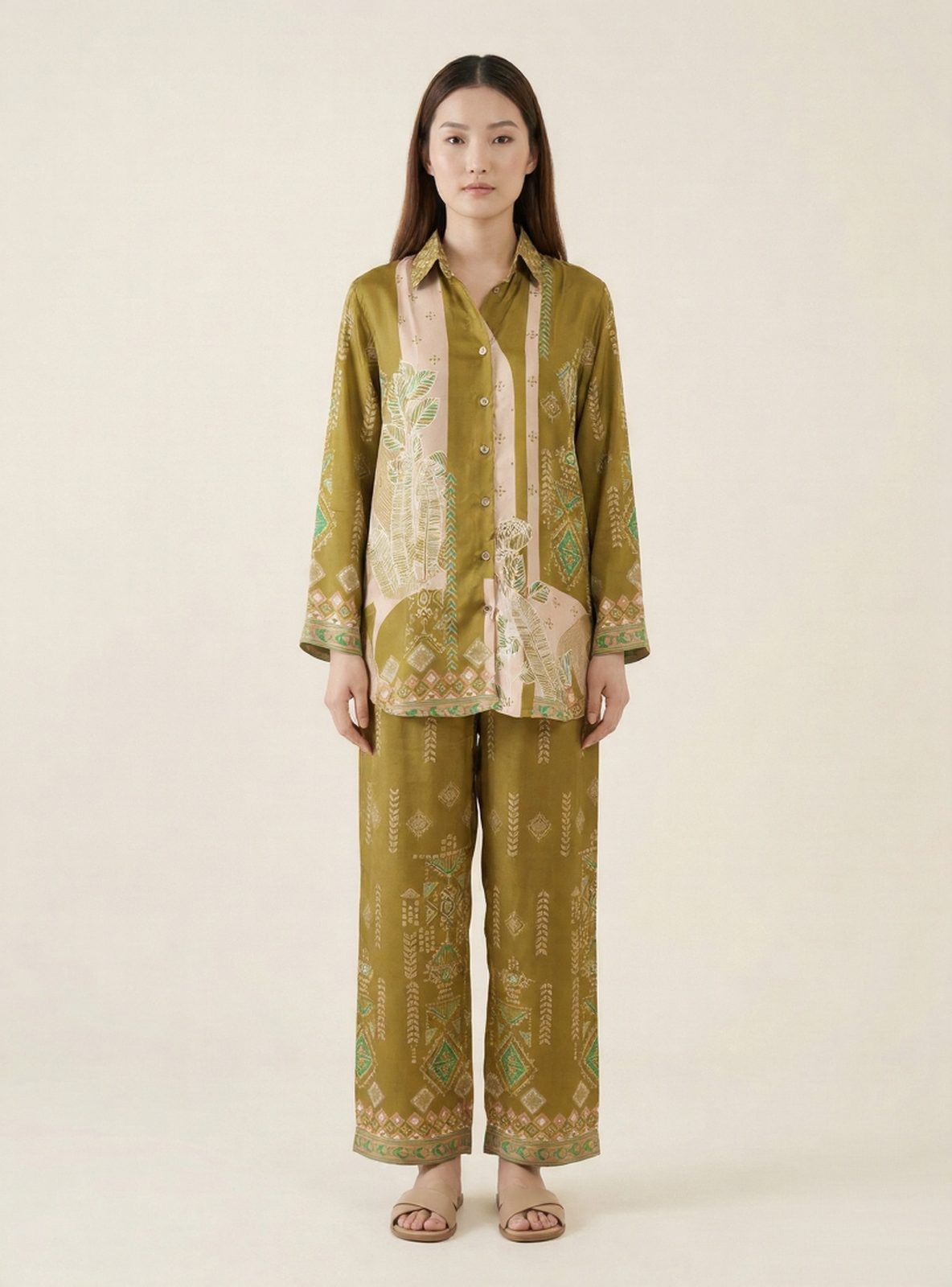 Artisan Olive green Geometric Print Co-ord Set