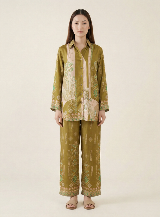 Artisan Olive green Geometric Print Co-ord Set