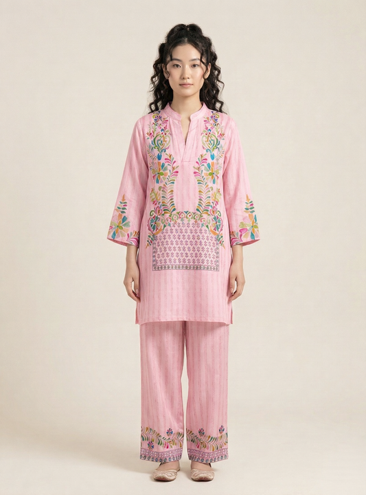 Blush Pink Designer Muslin Co-Ord Set