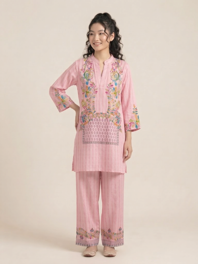 Blush Pink Designer Muslin Co-Ord Set