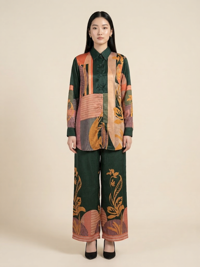 Luxe Forest Green Geometric Flowing Crepe Duo