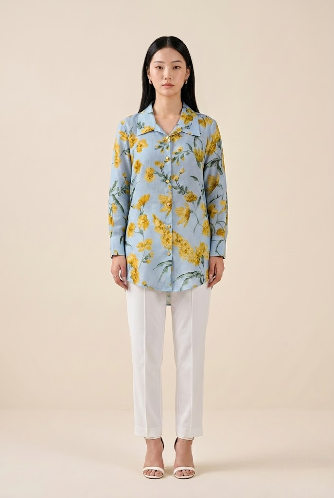 Celestial Blue Bloom Premium Cupro Muslin Shirt