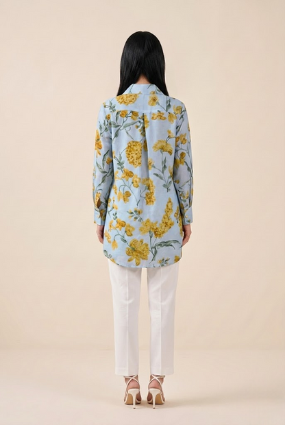 Celestial Blue Bloom Premium Cupro Muslin Shirt