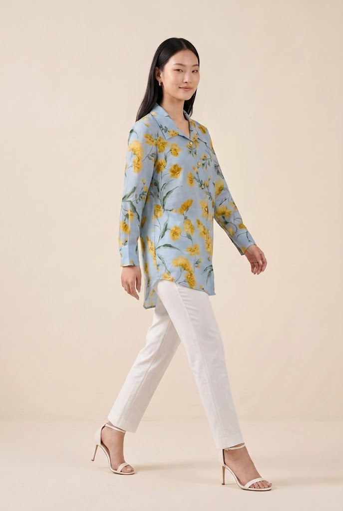Celestial Blue Bloom Premium Cupro Muslin Shirt