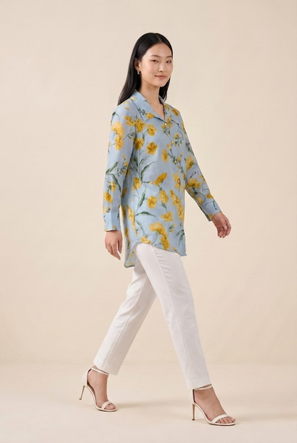 Celestial Blue Bloom Premium Cupro Muslin Shirt