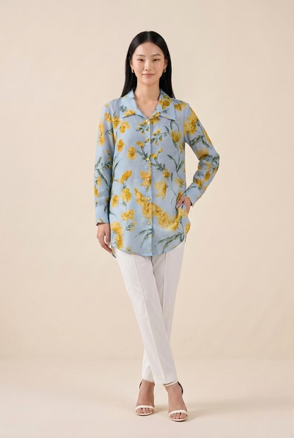 Celestial Blue Bloom Premium Cupro Muslin Shirt