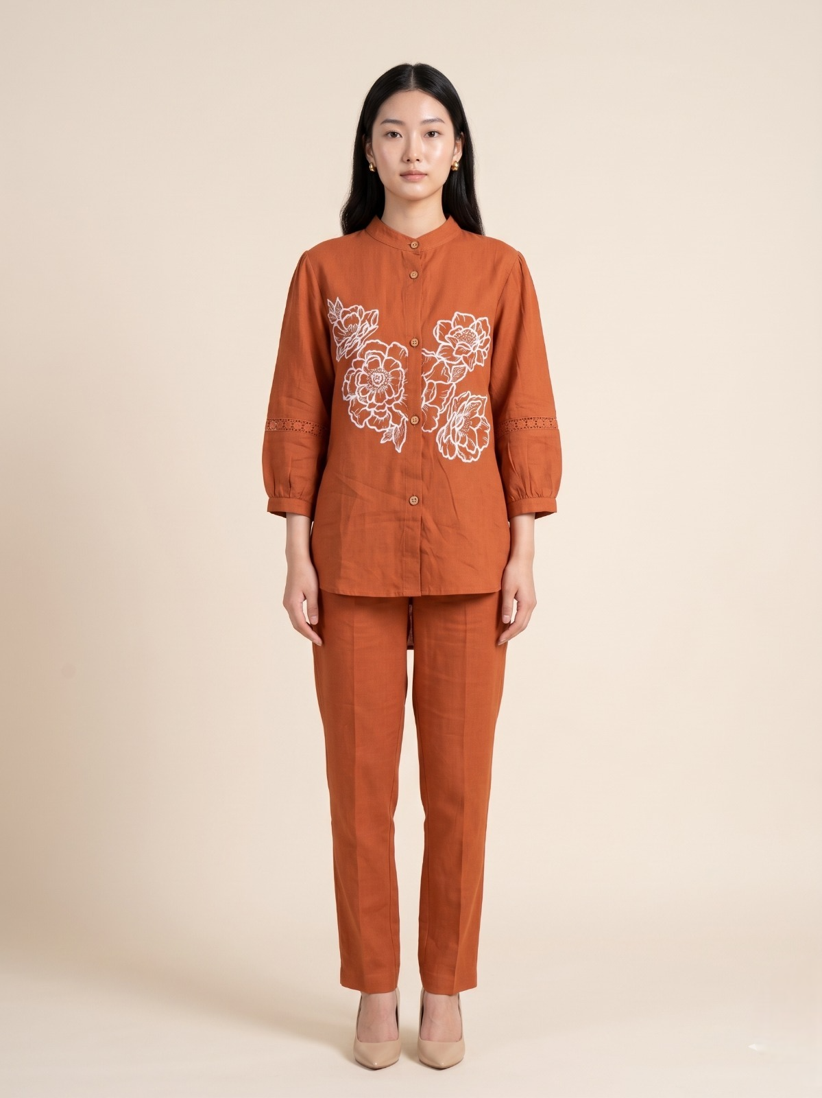 Earthy Rust Embroidered Cotton Co-ord Set