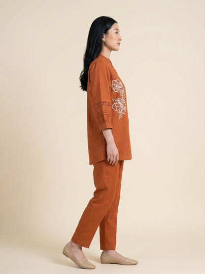 Earthy Rust Embroidered Cotton Co-ord Set
