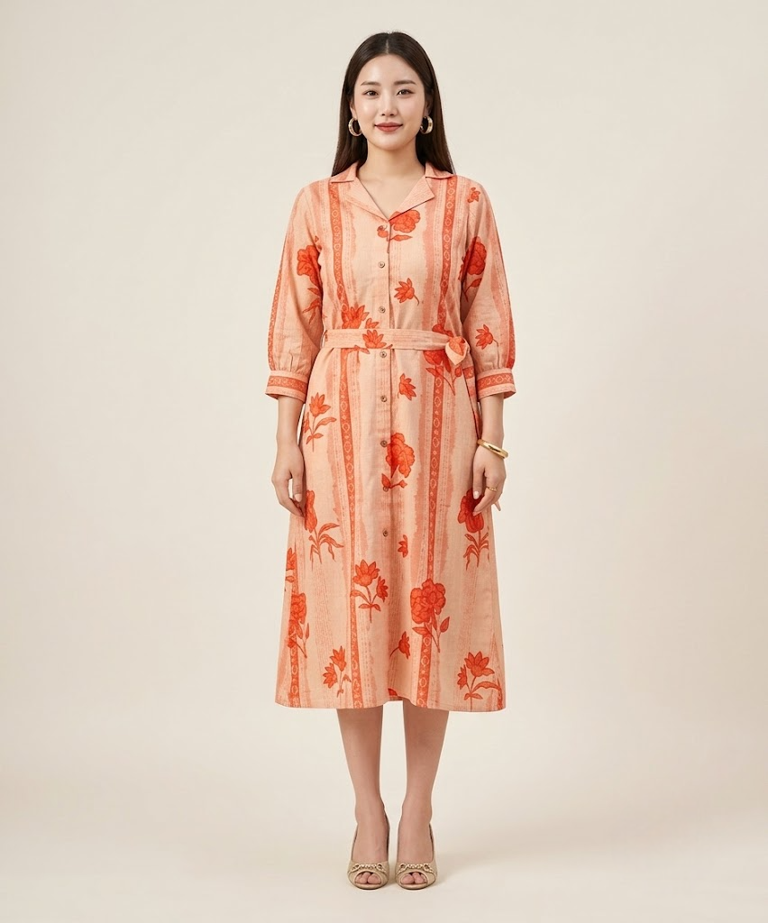 Peach Petal & Stripe Notched Collar Midi Dress with waist tie