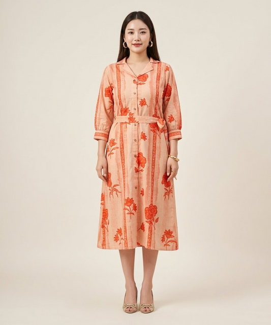 Peach Petal & Stripe Notched Collar Midi Dress with waist tie
