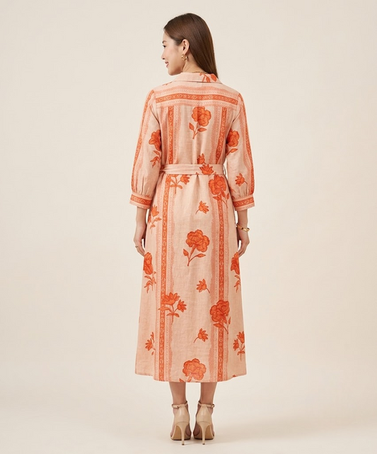 Peach Petal & Stripe Notched Collar Midi Dress with waist tie