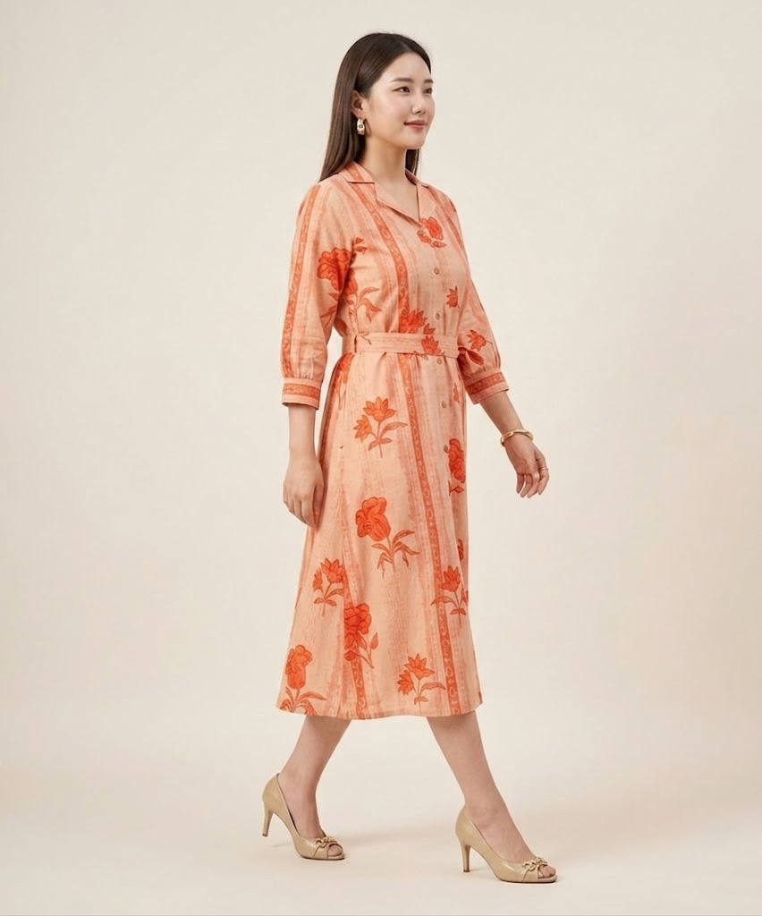 Peach Petal & Stripe Notched Collar Midi Dress with waist tie