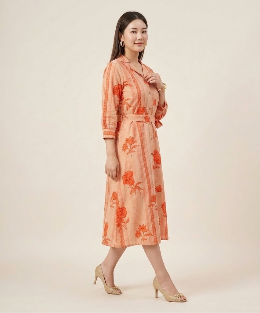 Peach Petal & Stripe Notched Collar Midi Dress with waist tie