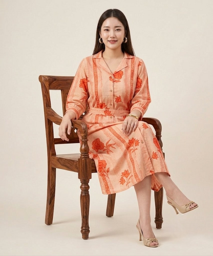 Peach Petal & Stripe Notched Collar Midi Dress with waist tie