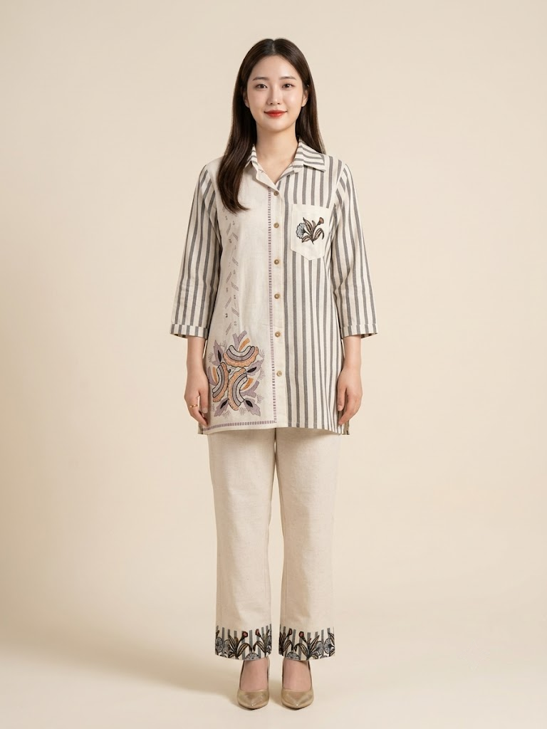 Elegance in Motion: Handloom Cotton Co-ord Set with 3/4 Sleeves