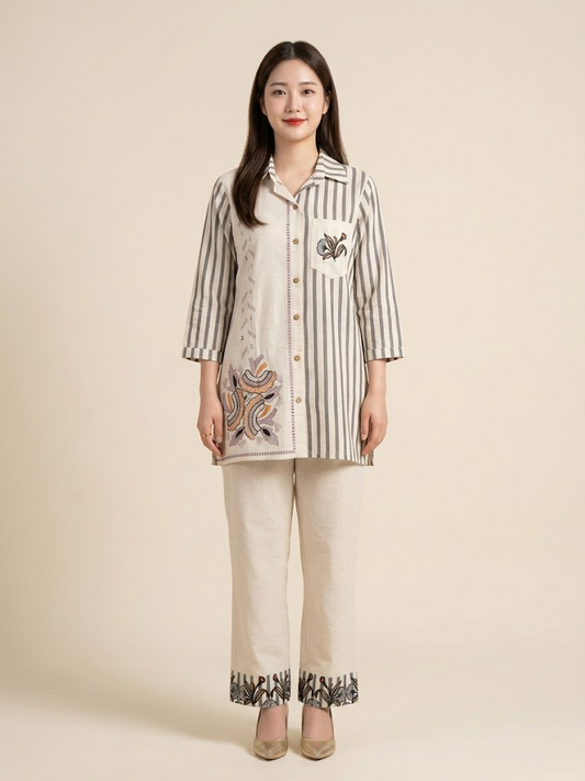 Elegance in Motion: Handloom Cotton Co-ord Set with 3/4 Sleeves