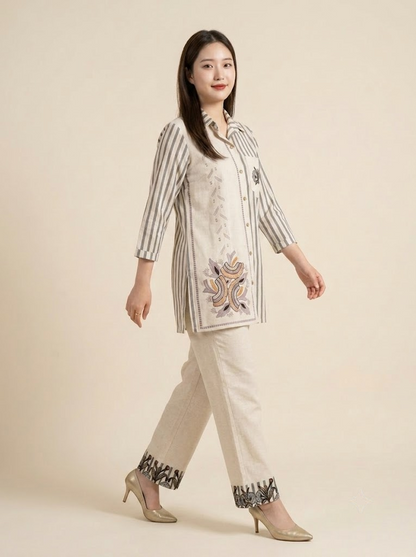 Elegance in Motion: Handloom Cotton Co-ord Set with 3/4 Sleeves