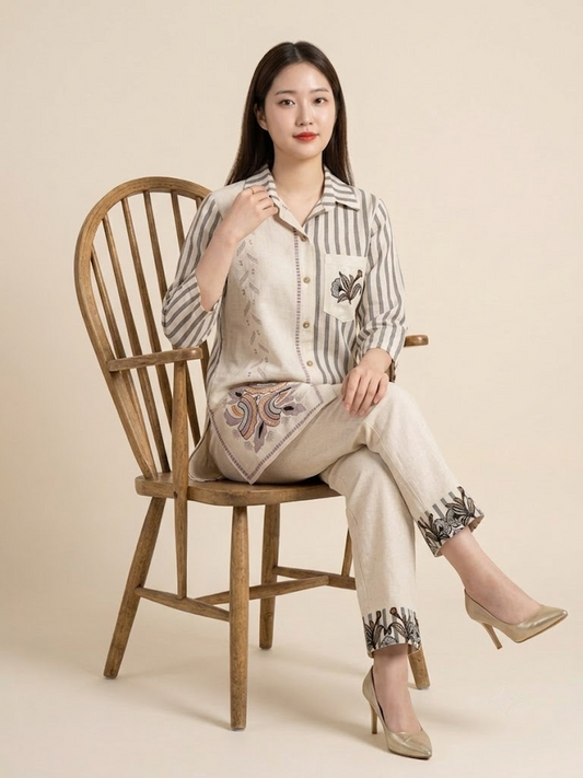 Elegance in Motion: Handloom Cotton Co-ord Set with 3/4 Sleeves