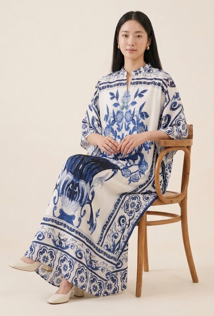 Ivory & Cobalt Luxe Satin Kaftan