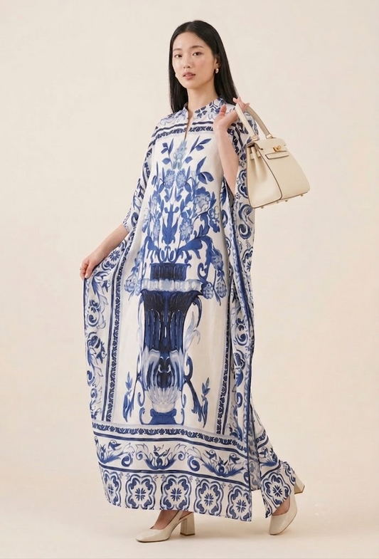 Ivory & Cobalt Luxe Satin Kaftan