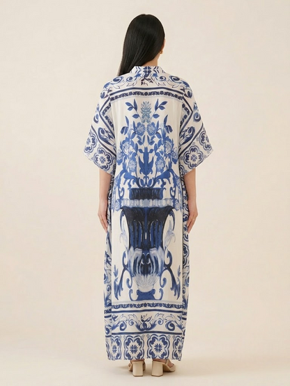 Ivory & Cobalt Luxe Satin Kaftan
