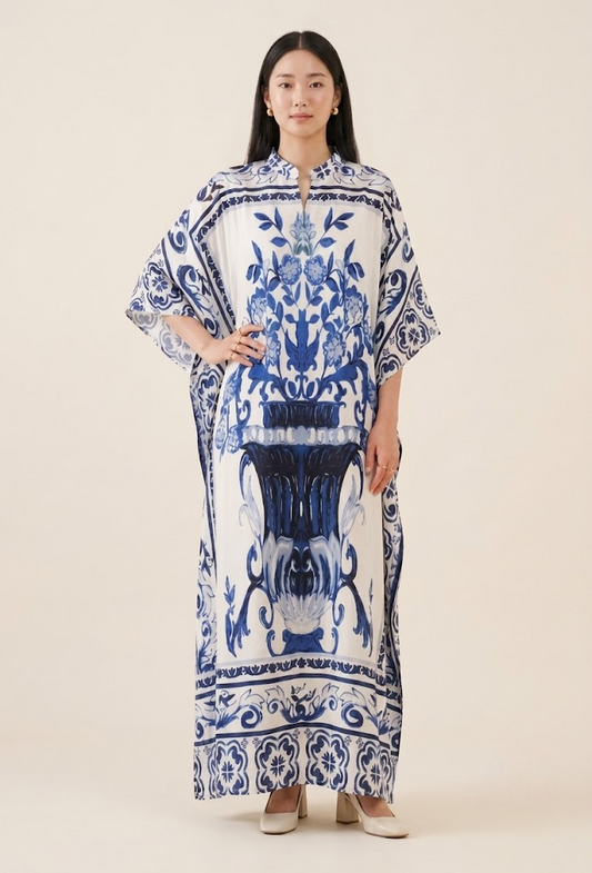 Ivory & Cobalt Luxe Satin Kaftan