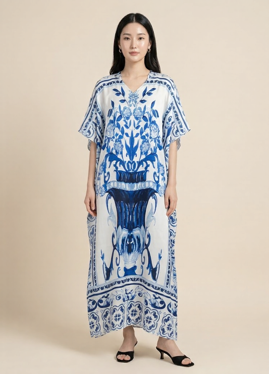 Ivory & Cobalt Luxe Satin Kaftan