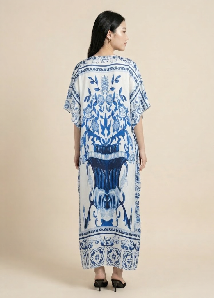 Ivory & Cobalt Luxe Satin Kaftan