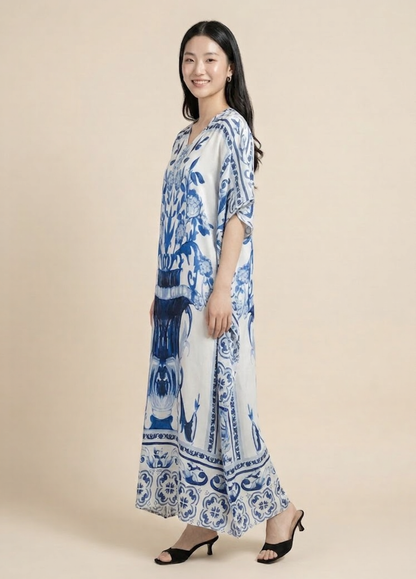 Ivory & Cobalt Luxe Satin Kaftan