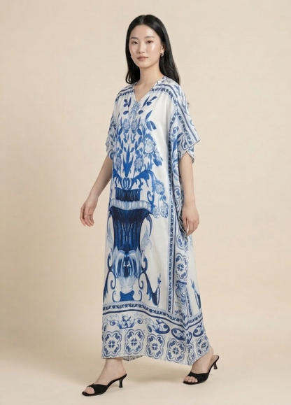 Ivory & Cobalt Luxe Satin Kaftan