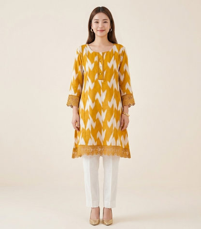 Golden Ochre Chinon Ikat Print Tunic Kurti